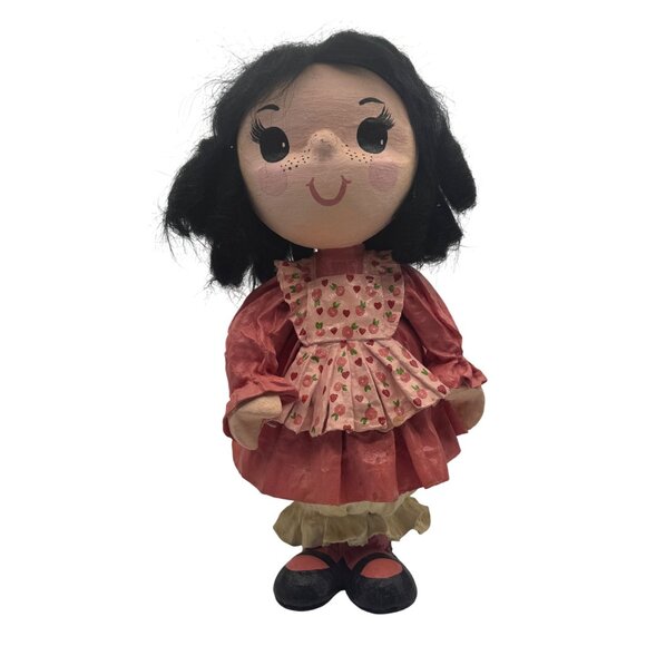 Handmade Vintage Paper Mache Doll With Strawberry Print Apron & Curly Black Hair - Picture 1 of 8